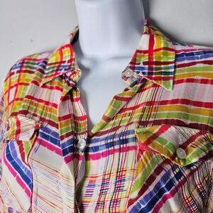 Cabi Colorful Plaid Button Up Blouse S Rayon Roll‎ Tab Sleeve Spring Dopamine